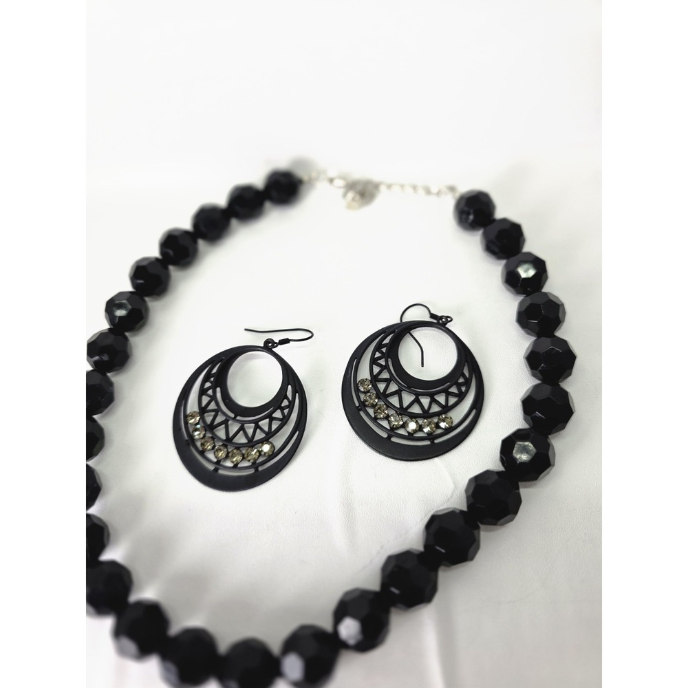 Matte‎ Black Faceted Bead Necklace & Rhinestone Orbital Drop Earring Jewelry Set